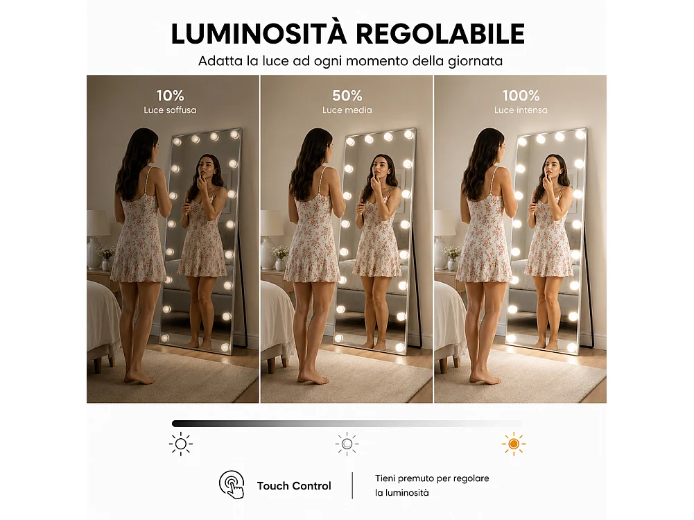 Specchio XXL Hollywood Figura Intera Indipendente con Led 3 Colori 60x160 cm