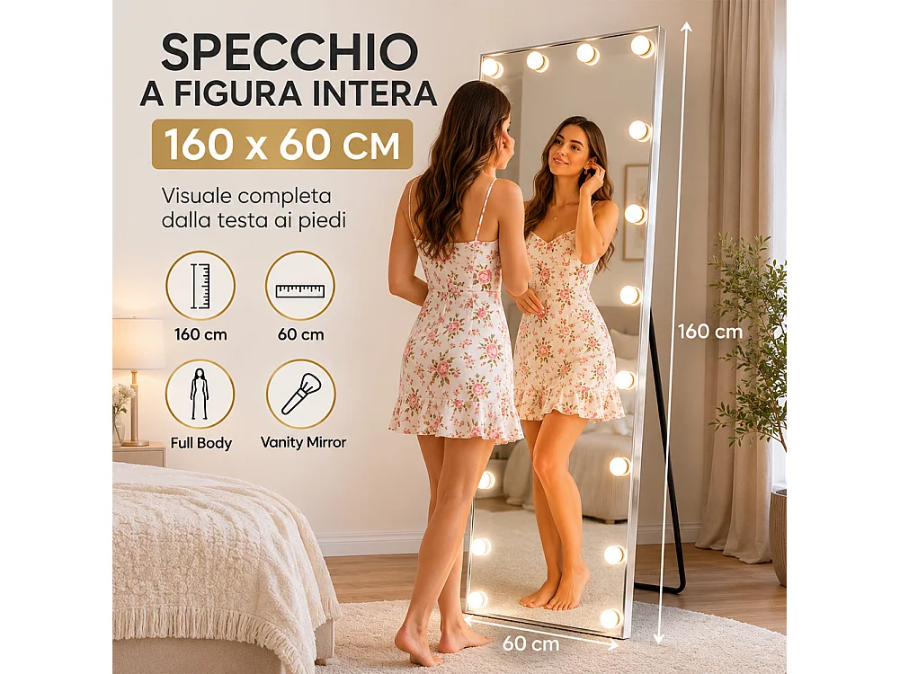Specchio XXL Hollywood Figura Intera Indipendente con Led 3 Colori 60x160 cm