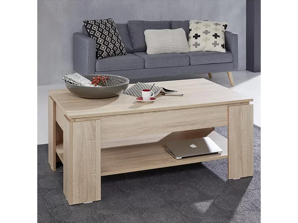 Tavolino Soggiorno con Rialzo Contenitore Tavolo Salotto Moderno Apribile Beige