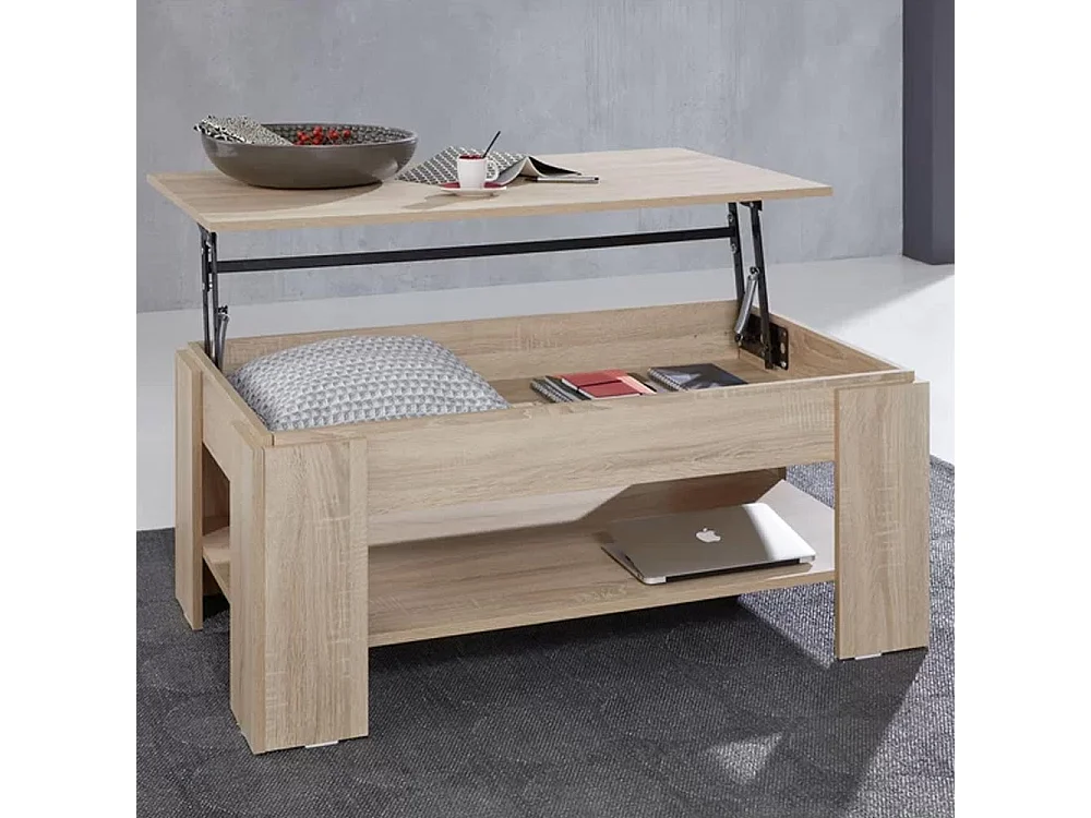 Tavolino Soggiorno con Rialzo Contenitore Tavolo Salotto Moderno Apribile Beige