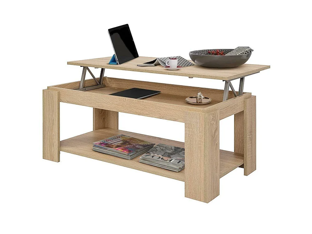 Tavolino Soggiorno con Rialzo Contenitore Tavolo Salotto Moderno Apribile Beige