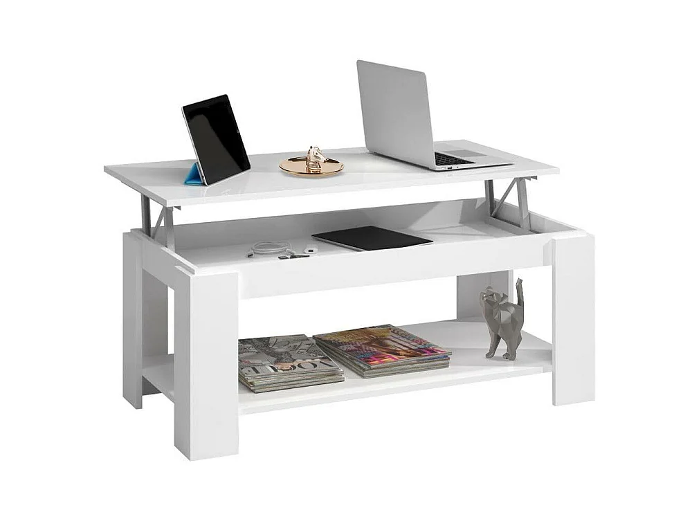 Tavolino Soggiorno con Rialzo Contenitore Tavolo Salotto Moderno Apribile Bianco