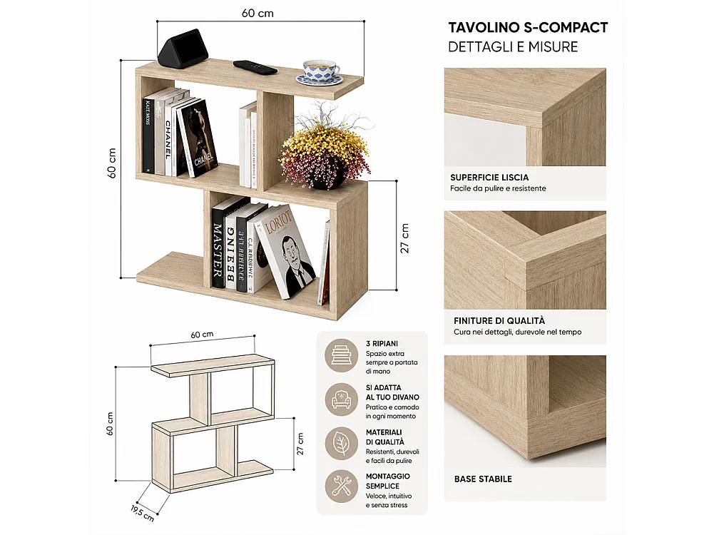 Tavolino da Caffè Rovere Tavolo S Divano Soggiorno Design Moderno 60x60x19.5 cm