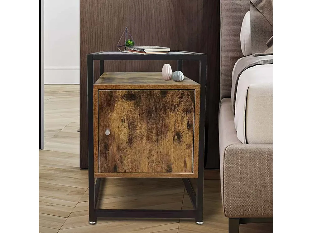 Tavolino Divano Mobiletto Comodino in Metallo Legno e Vetro con Anta e Ripiano