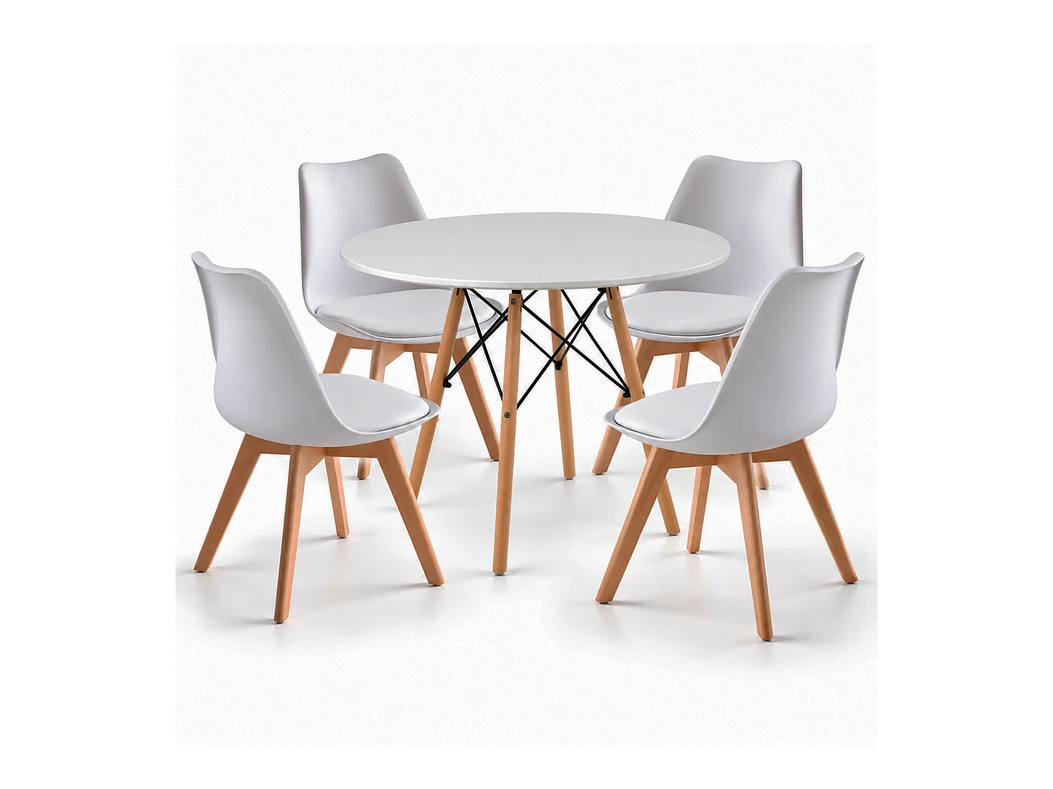 Pack de 1 mesa redonda de 80x75 cm y 4 sillas Tulipa en color blanco Nórdico