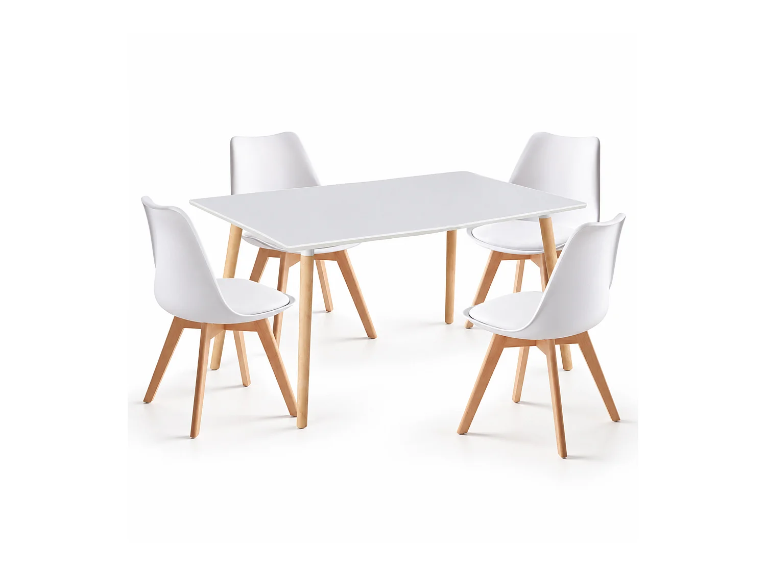 Pack de 1 mesa rectangular de 120x80x75 cm y 4 sillas Tulipa en color blanco Nórdico