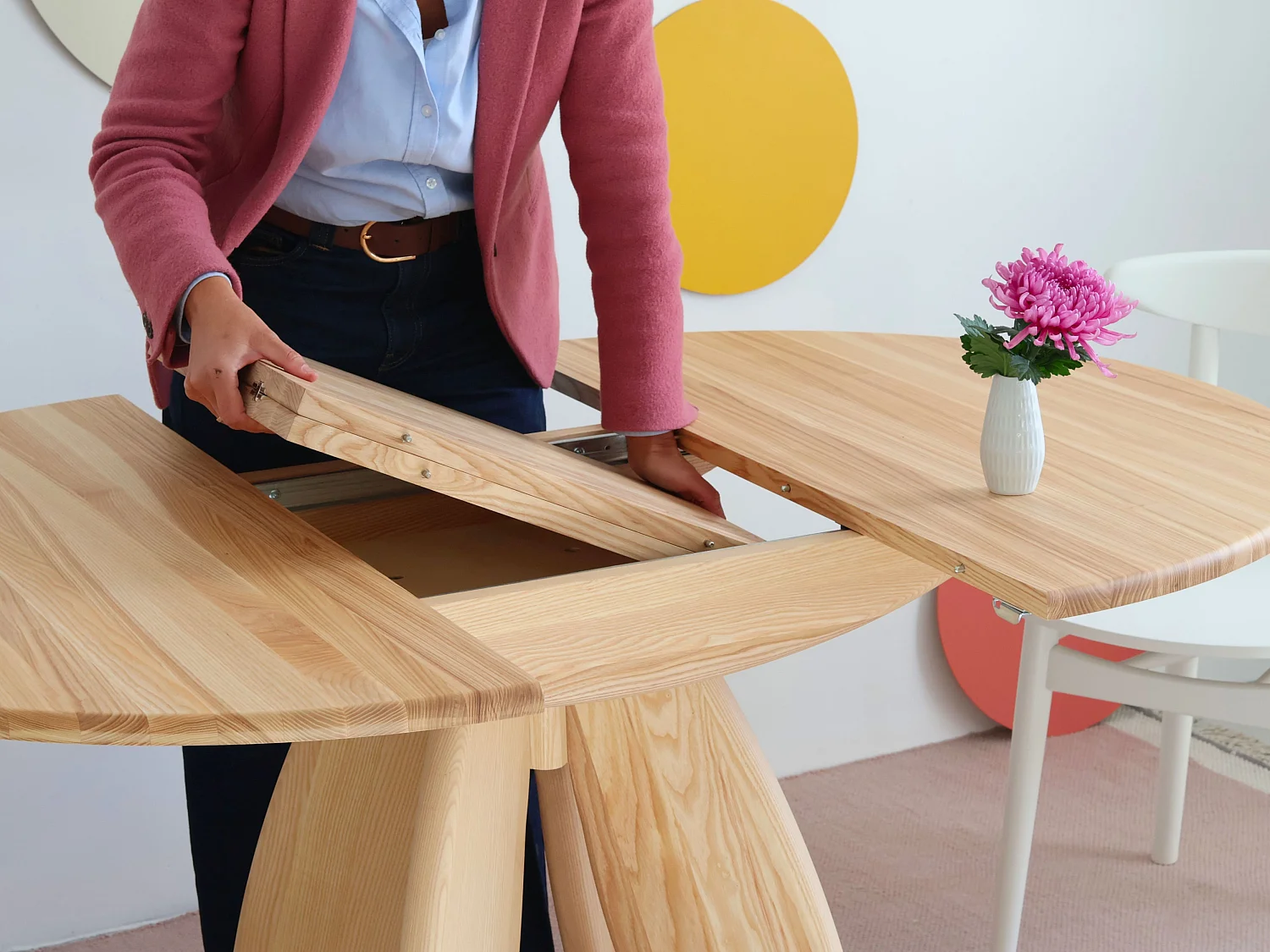 Ronde uitschuifbare eettafel 120cm 6 personen Leaves van massief hout | essenhout naturel
