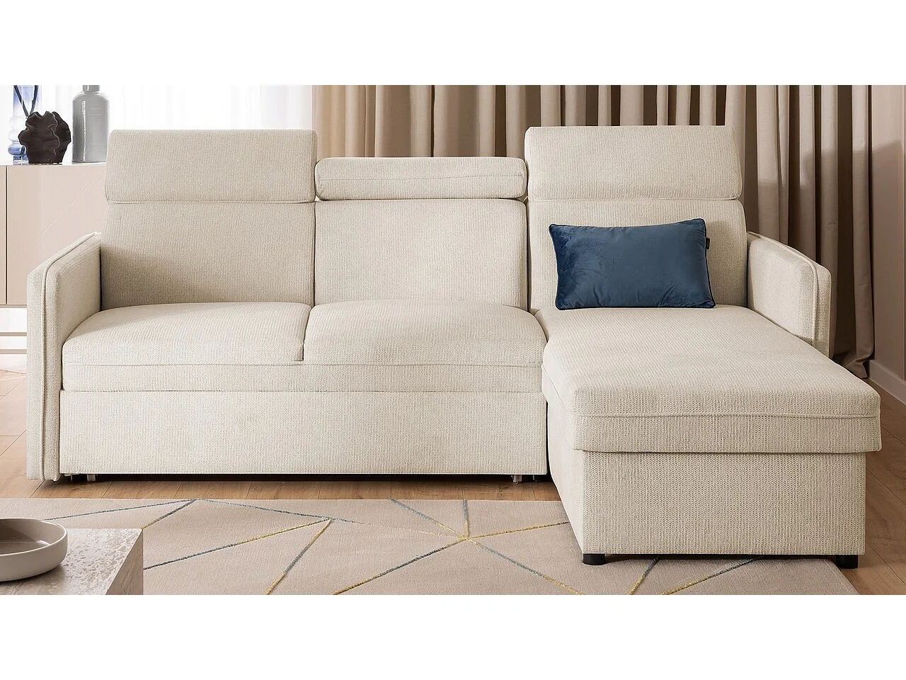 Canapé d’angle en tissu texturé avec appuie-têtes réglables, fonction couchage et coffre de rangement NIVO