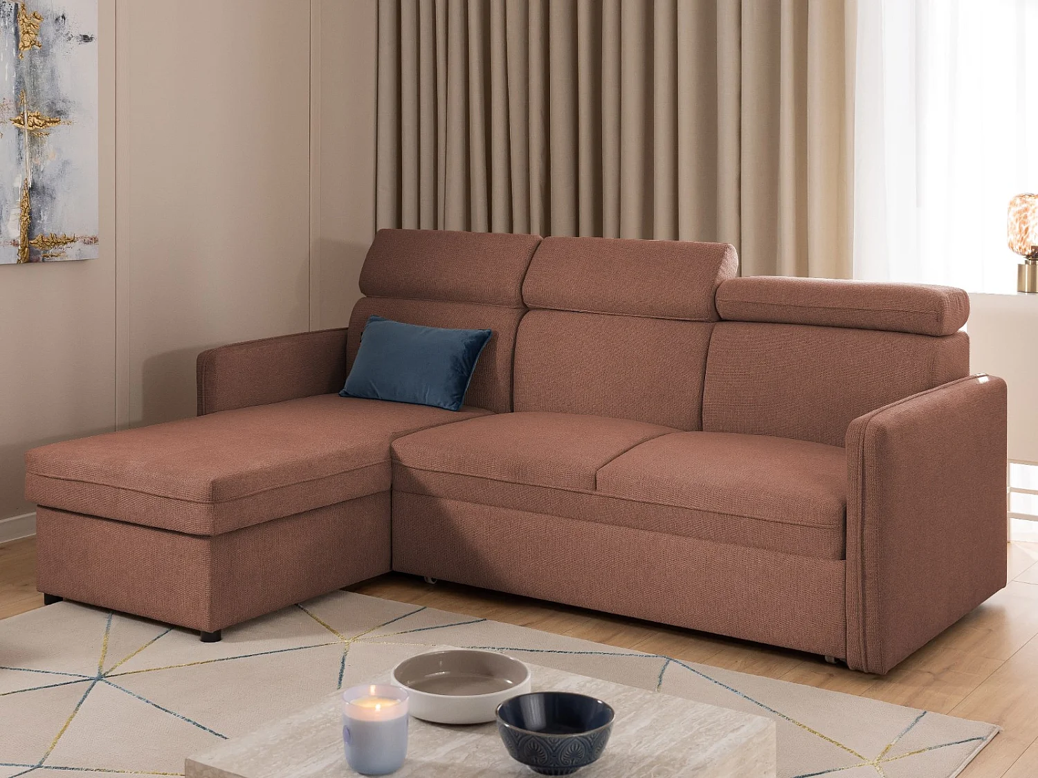 Canapé d’angle en tissu texturé avec appuie-têtes réglables, fonction couchage et coffre de rangement NIVO