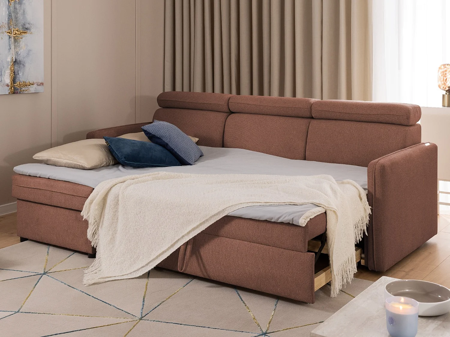 Canapé d’angle en tissu texturé avec appuie-têtes réglables, fonction couchage et coffre de rangement NIVO
