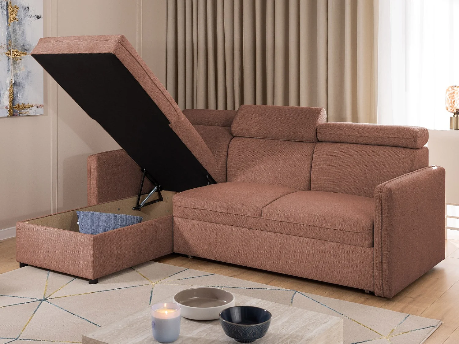 Canapé d’angle en tissu texturé avec appuie-têtes réglables, fonction couchage et coffre de rangement NIVO