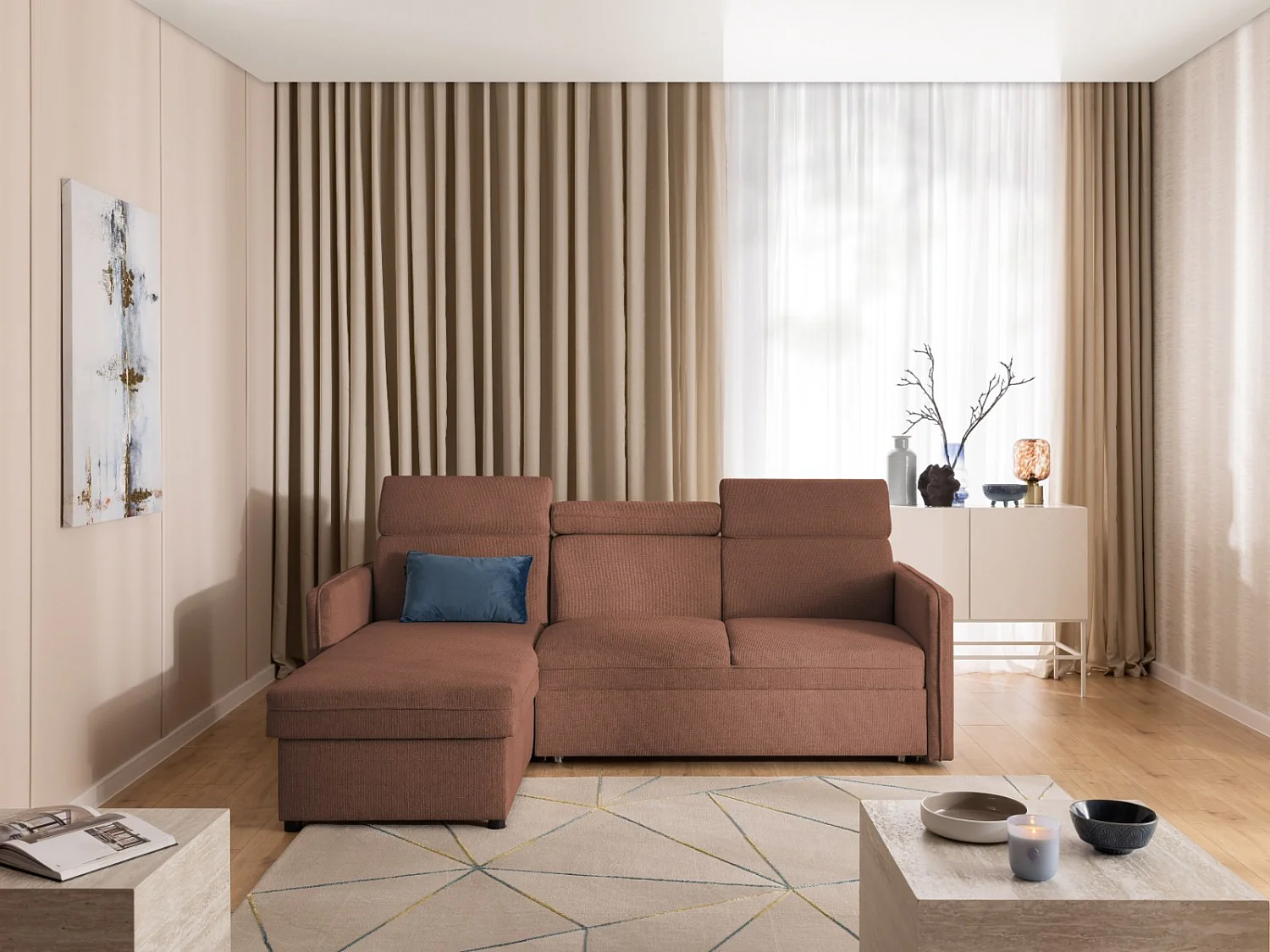 Canapé d’angle en tissu texturé avec appuie-têtes réglables, fonction couchage et coffre de rangement NIVO