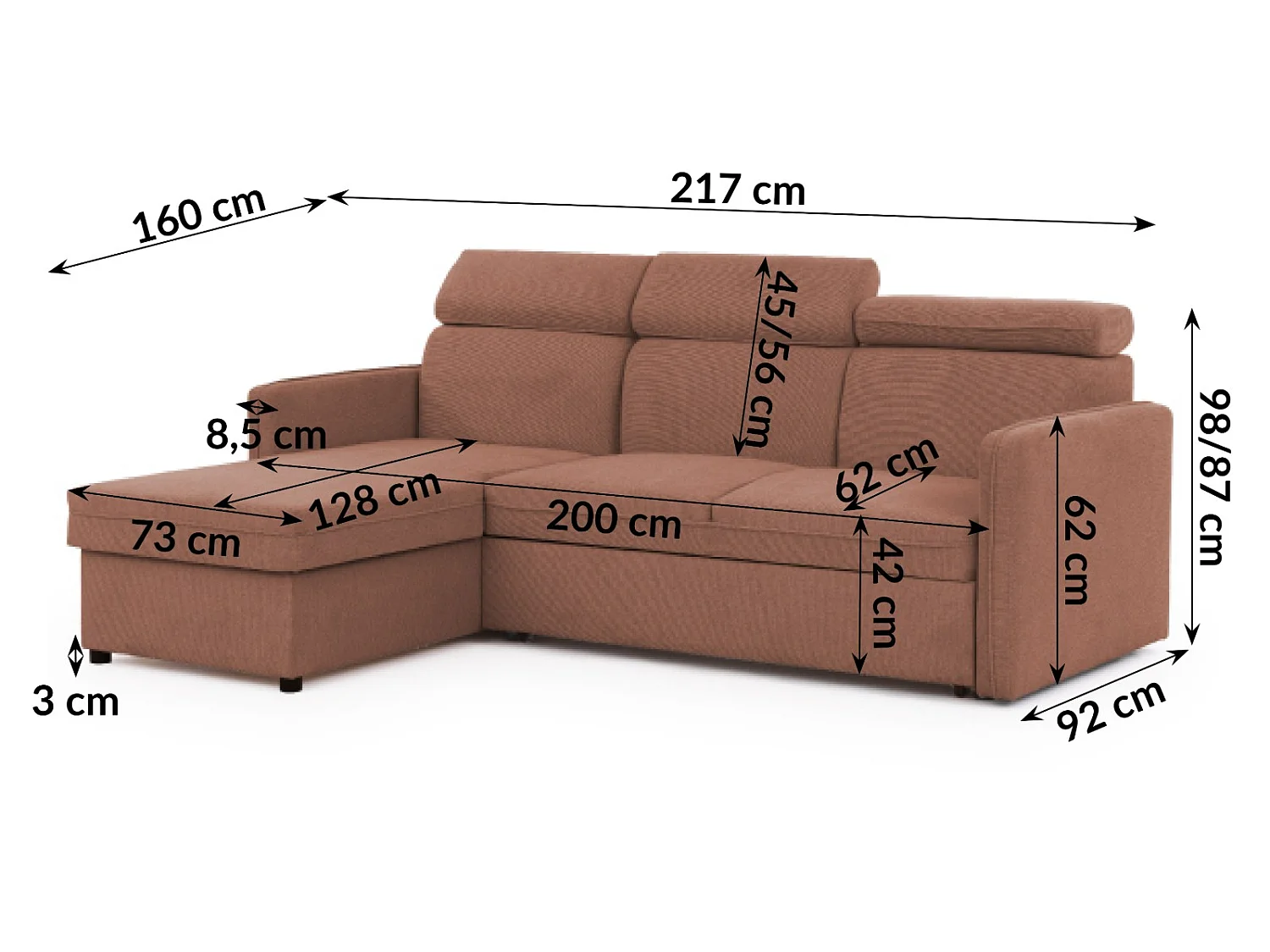 Canapé d’angle en tissu texturé avec appuie-têtes réglables, fonction couchage et coffre de rangement NIVO