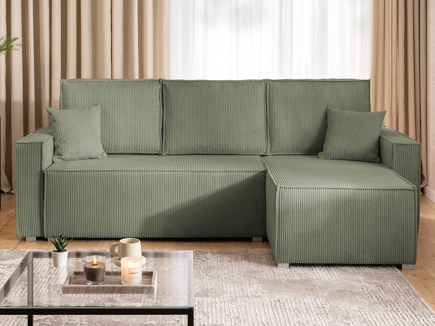 Canapé d’angle en tissu côtelé avec ressorts Bonnell, fonction couchage et coffre de rangement KORD