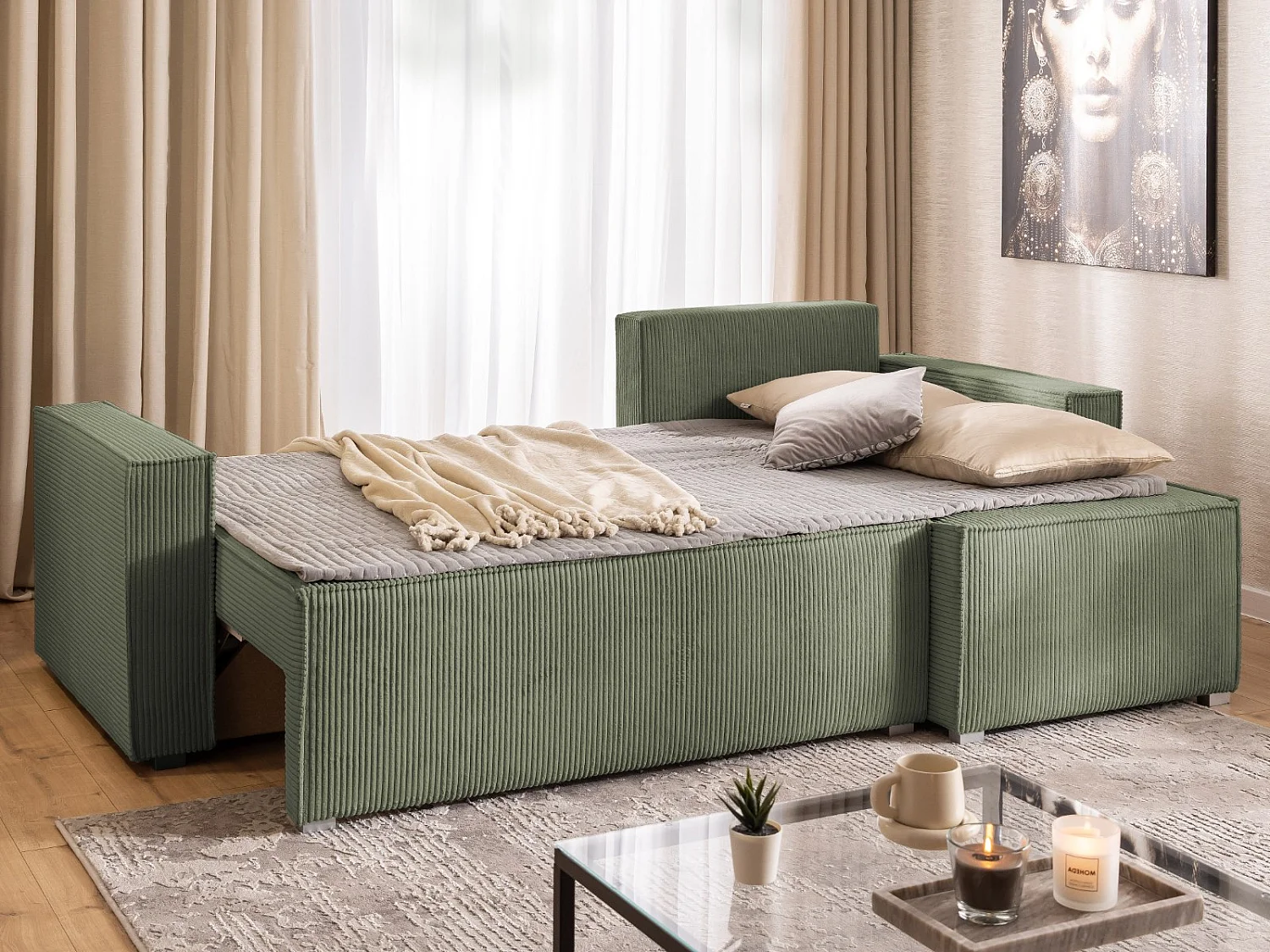 Canapé d’angle en tissu côtelé avec ressorts Bonnell, fonction couchage et coffre de rangement KORD