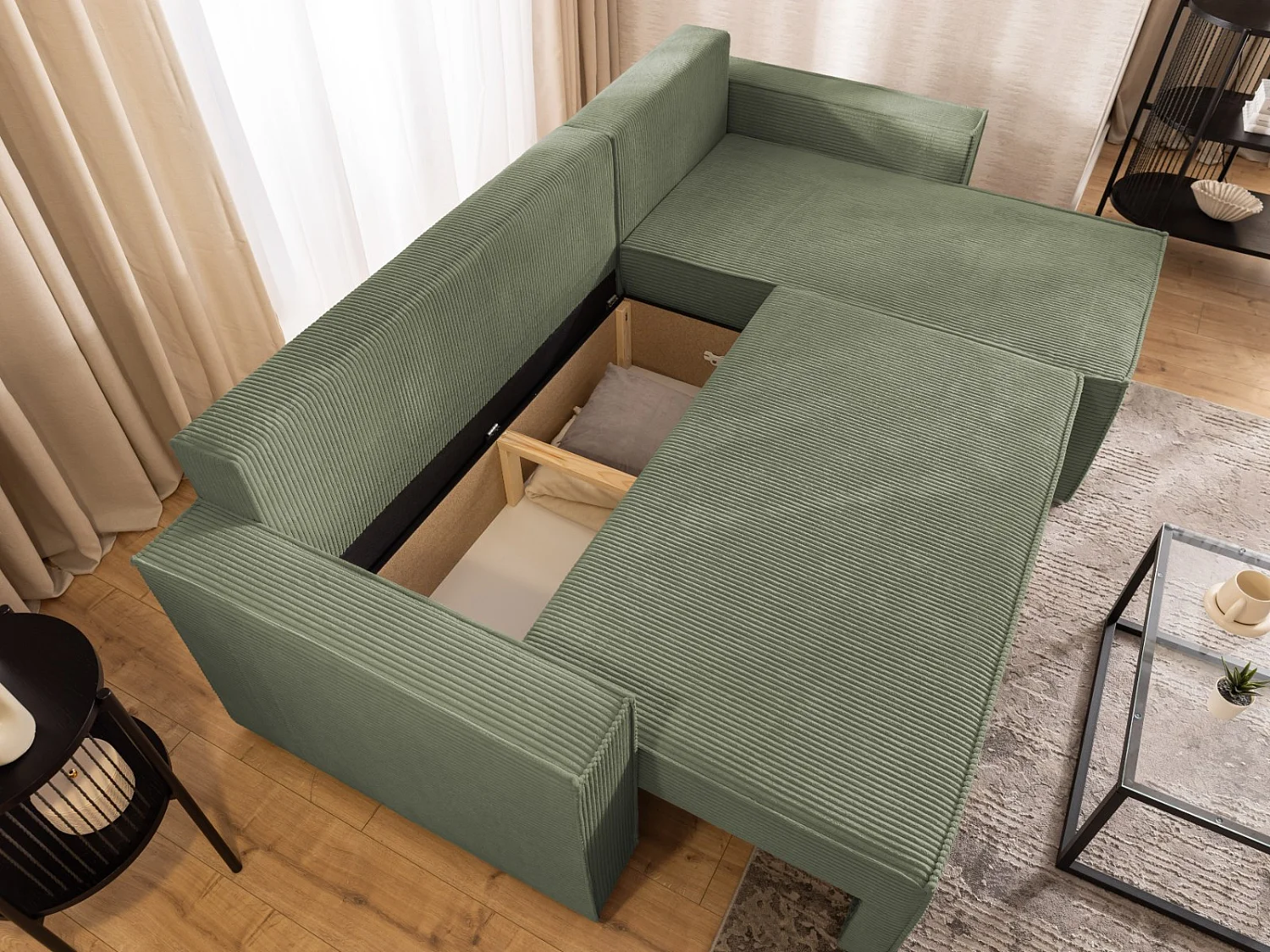 Canapé d’angle en tissu côtelé avec ressorts Bonnell, fonction couchage et coffre de rangement KORD