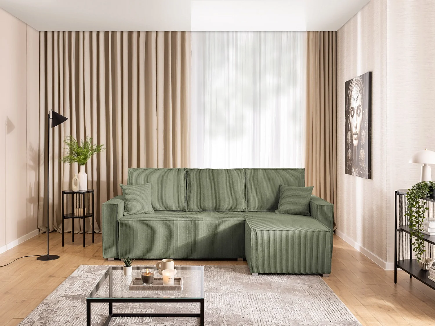 Canapé d’angle en tissu côtelé avec ressorts Bonnell, fonction couchage et coffre de rangement KORD
