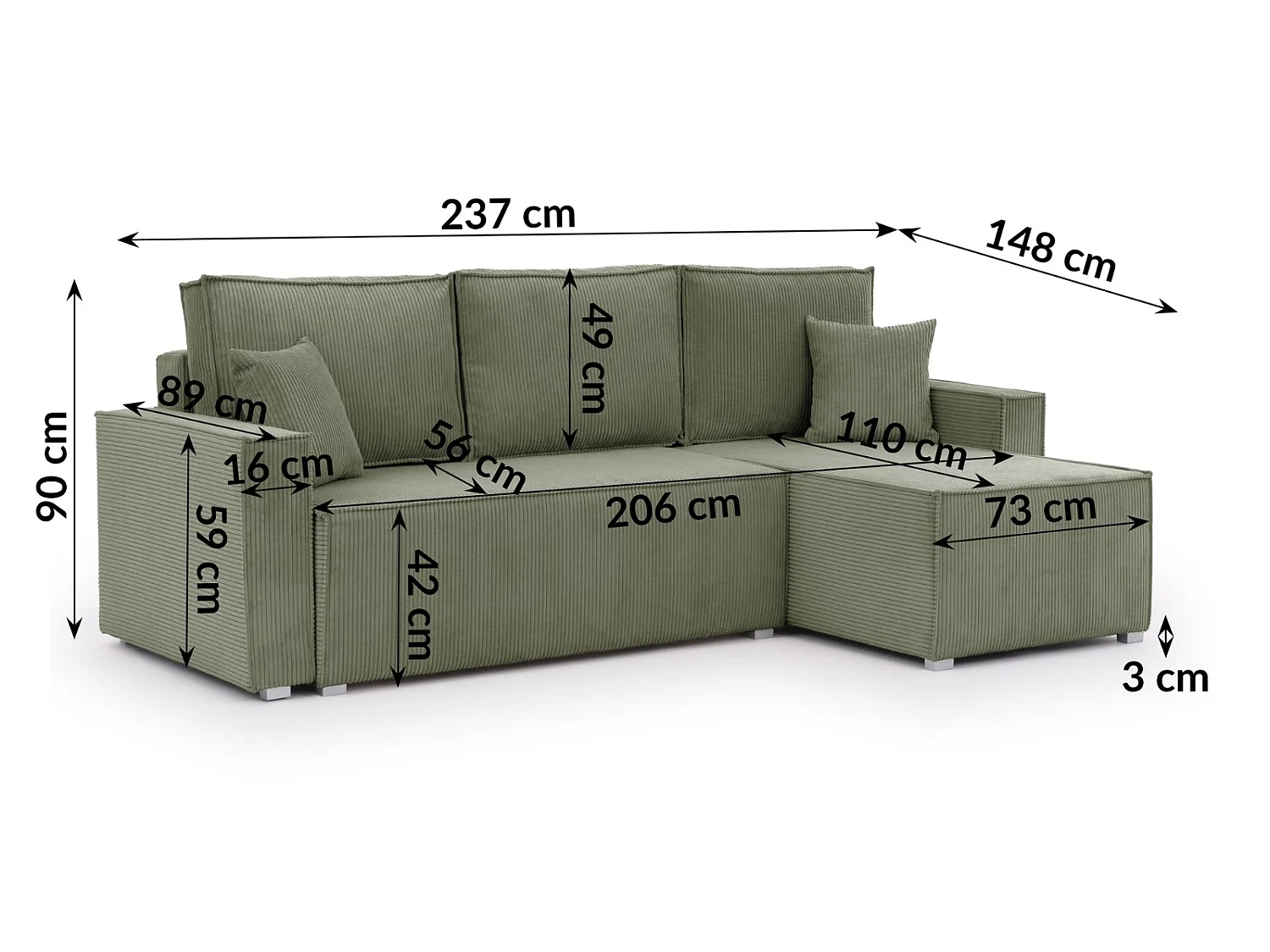 Canapé d’angle en tissu côtelé avec ressorts Bonnell, fonction couchage et coffre de rangement KORD