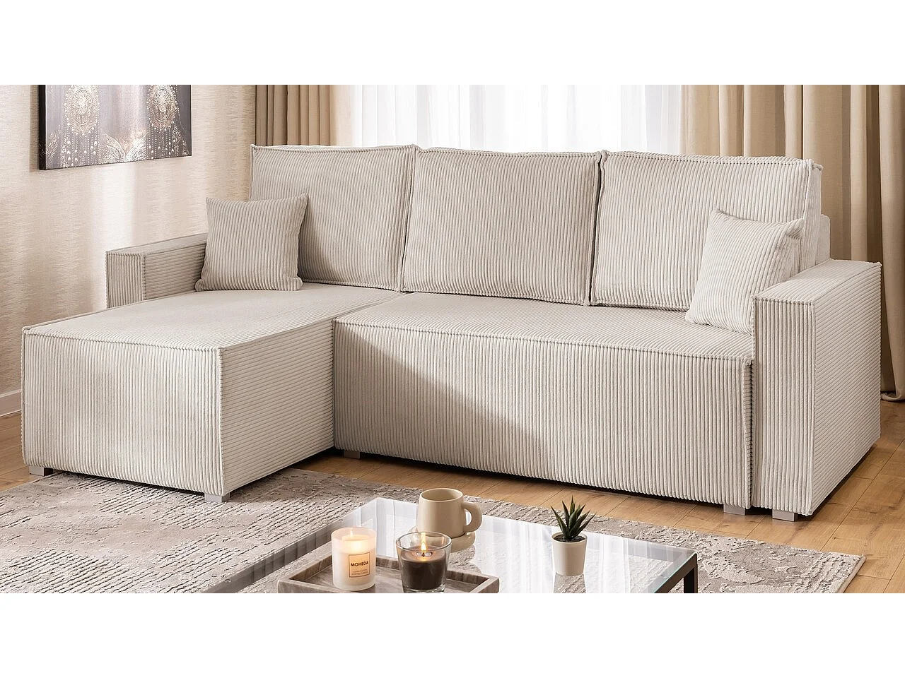 Canapé d’angle en tissu côtelé avec ressorts Bonnell, fonction couchage et coffre de rangement KORD