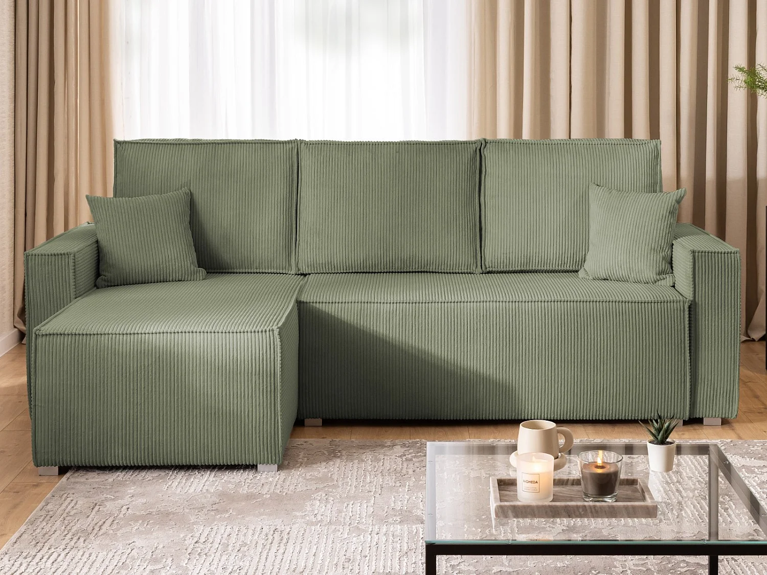 Canapé d’angle en tissu côtelé avec ressorts Bonnell, fonction couchage et coffre de rangement KORD