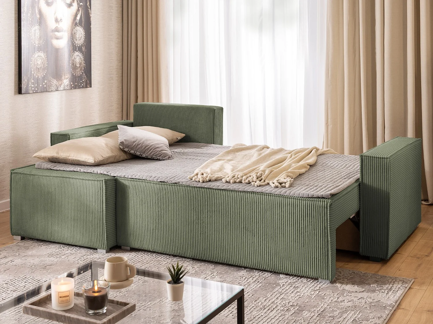 Canapé d’angle en tissu côtelé avec ressorts Bonnell, fonction couchage et coffre de rangement KORD