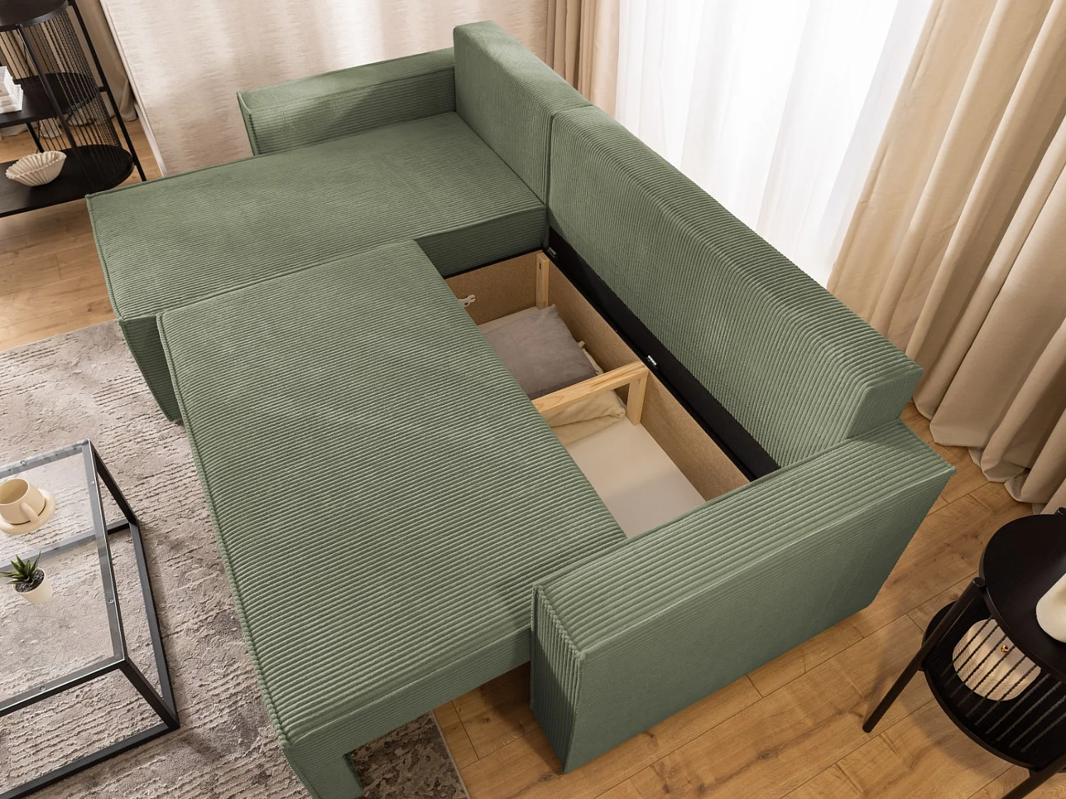 Canapé d’angle en tissu côtelé avec ressorts Bonnell, fonction couchage et coffre de rangement KORD