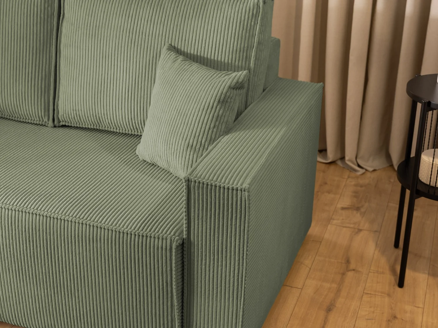 Canapé d’angle en tissu côtelé avec ressorts Bonnell, fonction couchage et coffre de rangement KORD