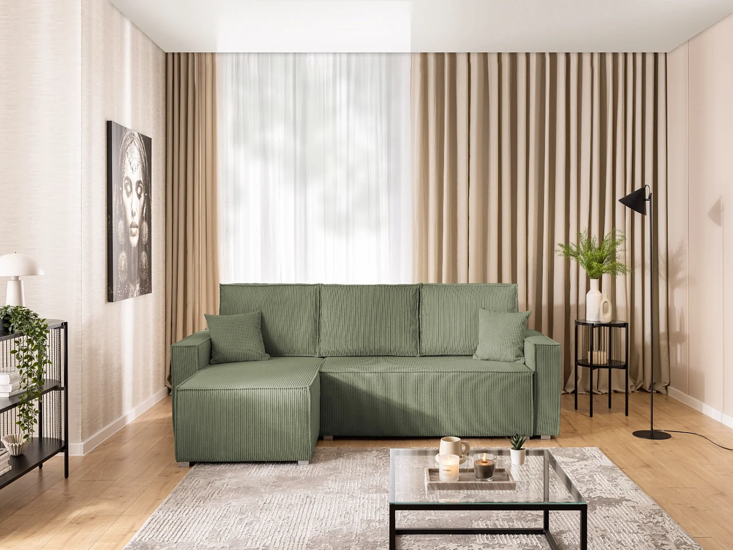 Canapé d’angle en tissu côtelé avec ressorts Bonnell, fonction couchage et coffre de rangement KORD
