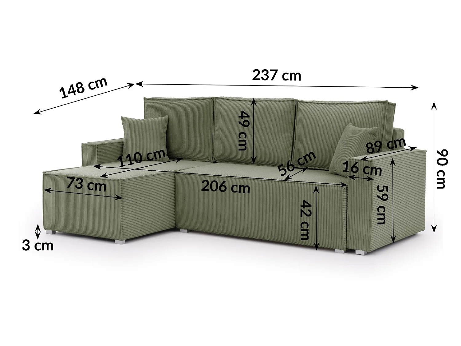 Canapé d’angle en tissu côtelé avec ressorts Bonnell, fonction couchage et coffre de rangement KORD