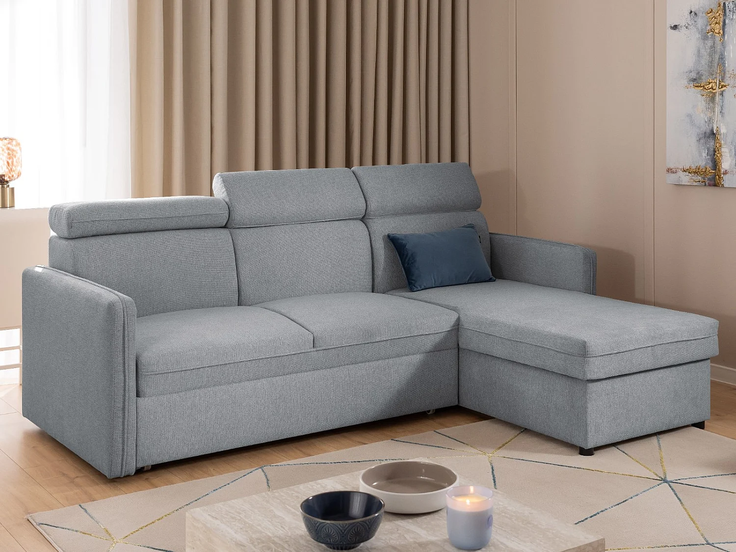 Canapé d’angle en tissu texturé avec appuie-têtes réglables, fonction couchage et coffre de rangement NIVO