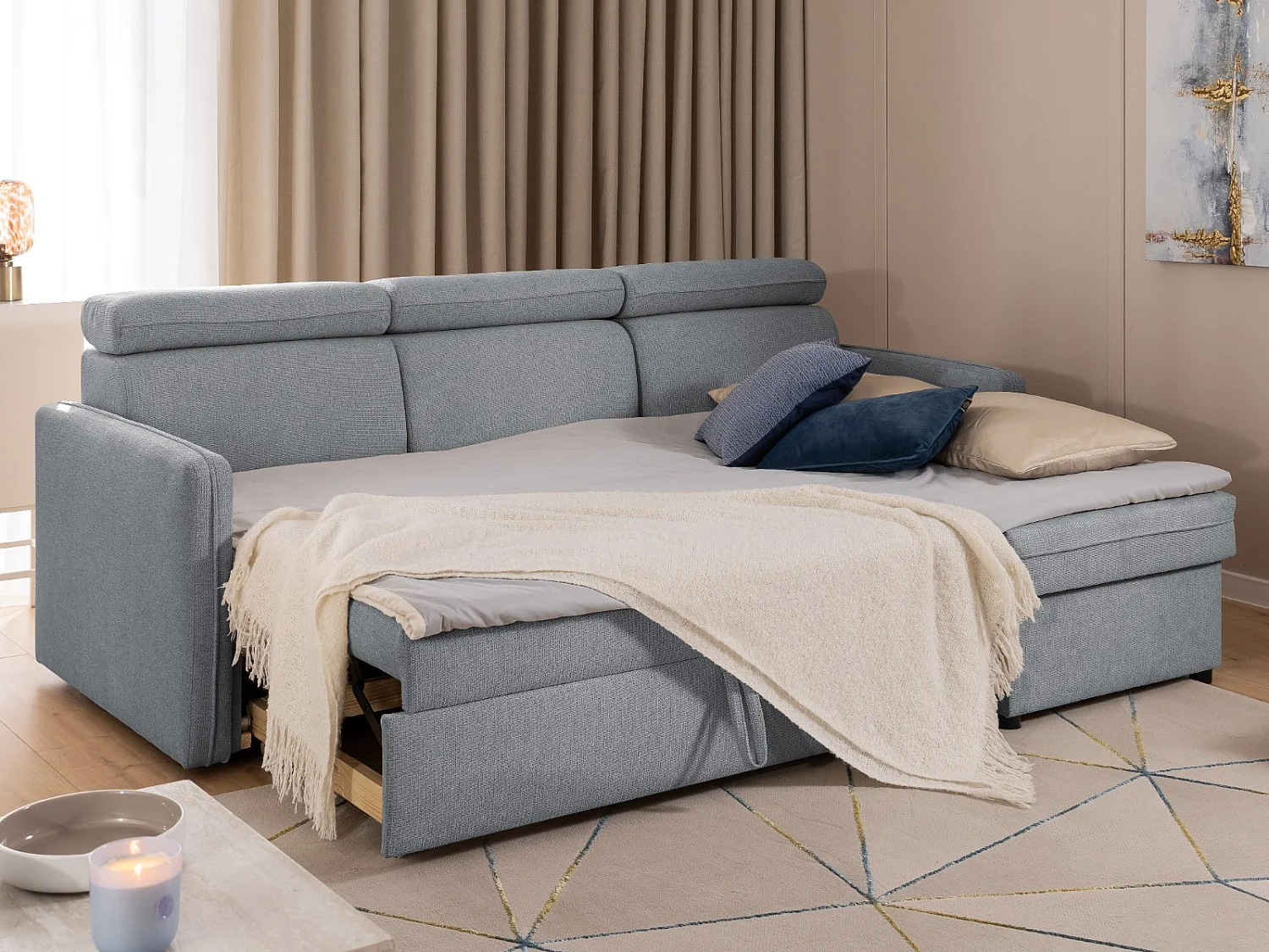 Canapé d’angle en tissu texturé avec appuie-têtes réglables, fonction couchage et coffre de rangement NIVO