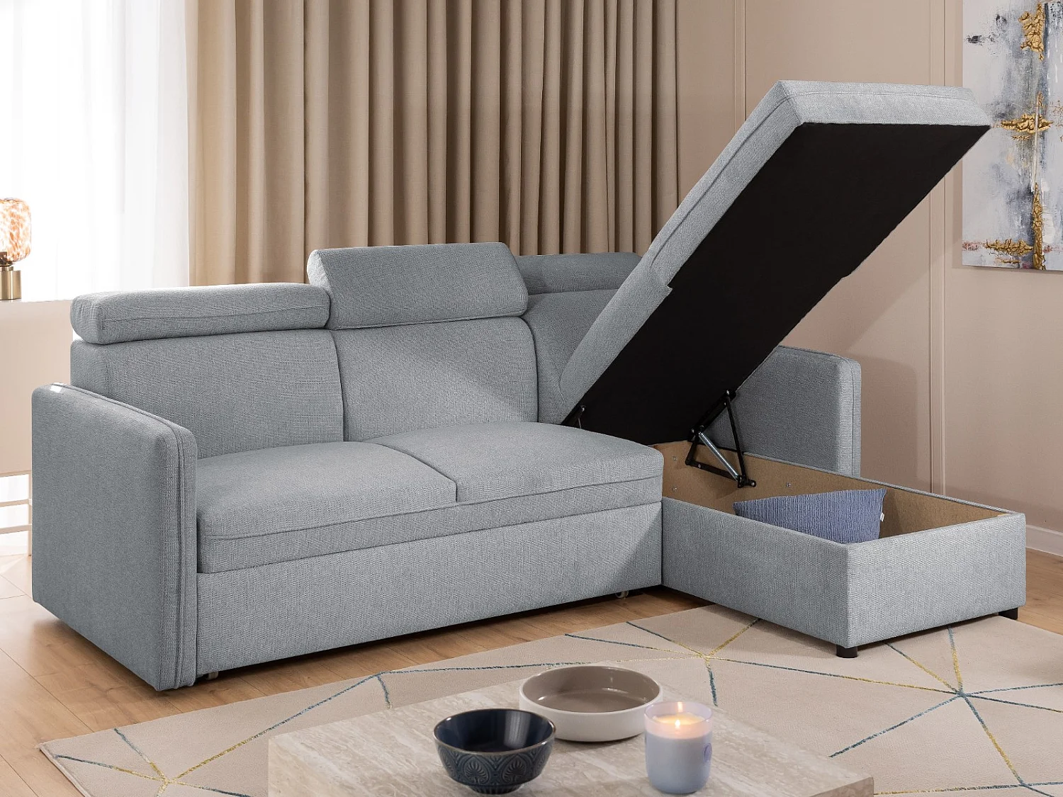 Canapé d’angle en tissu texturé avec appuie-têtes réglables, fonction couchage et coffre de rangement NIVO