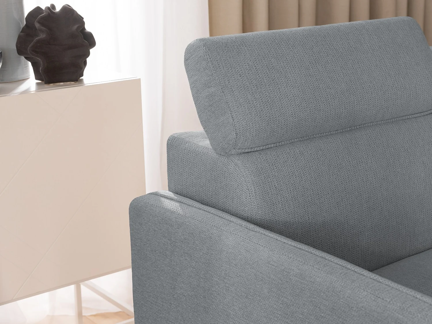 Canapé d’angle en tissu texturé avec appuie-têtes réglables, fonction couchage et coffre de rangement NIVO