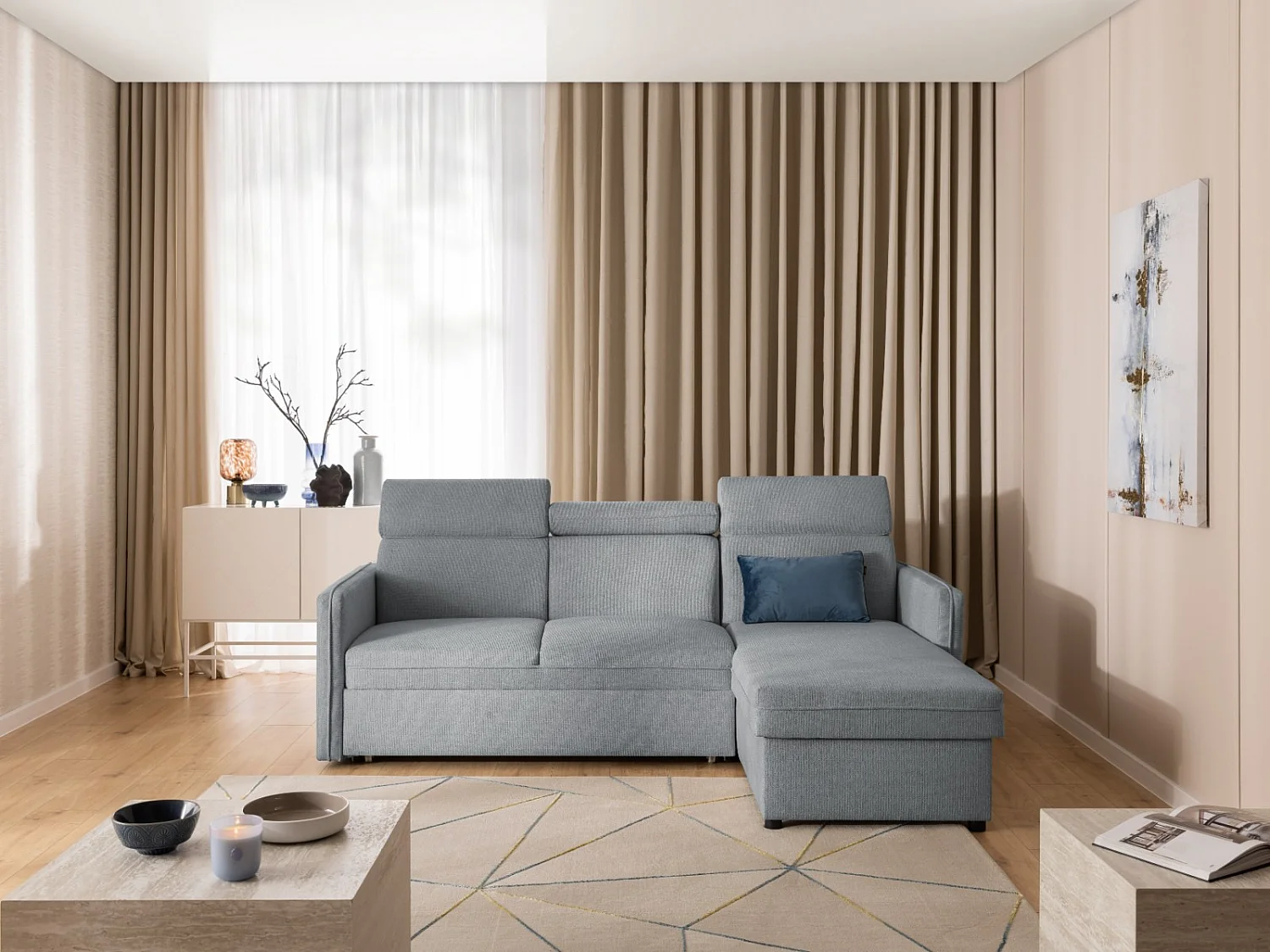 Canapé d’angle en tissu texturé avec appuie-têtes réglables, fonction couchage et coffre de rangement NIVO