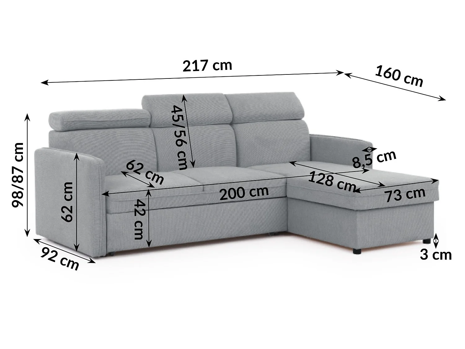 Canapé d’angle en tissu texturé avec appuie-têtes réglables, fonction couchage et coffre de rangement NIVO