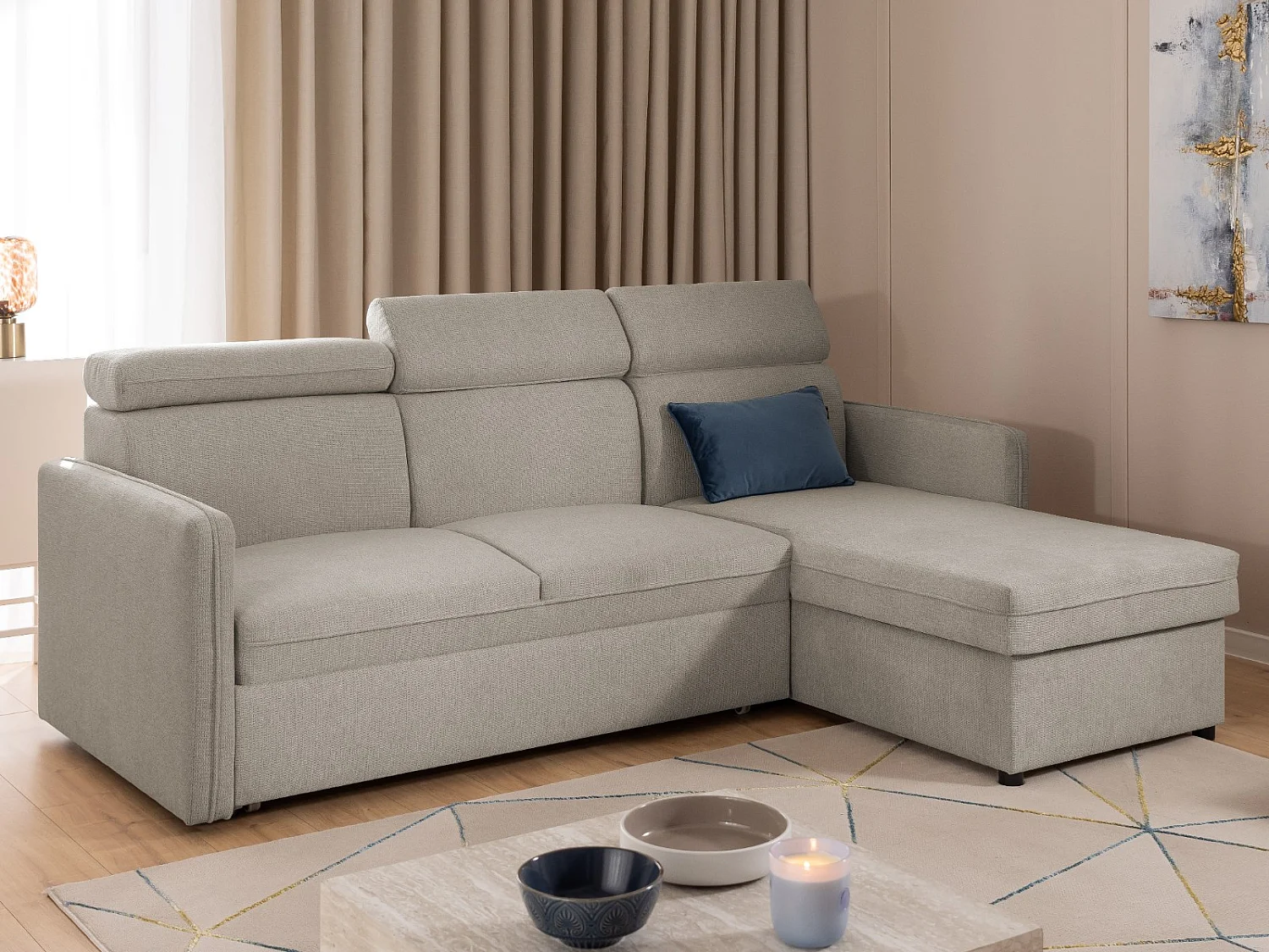 Canapé d’angle en tissu texturé avec appuie-têtes réglables, fonction couchage et coffre de rangement NIVO