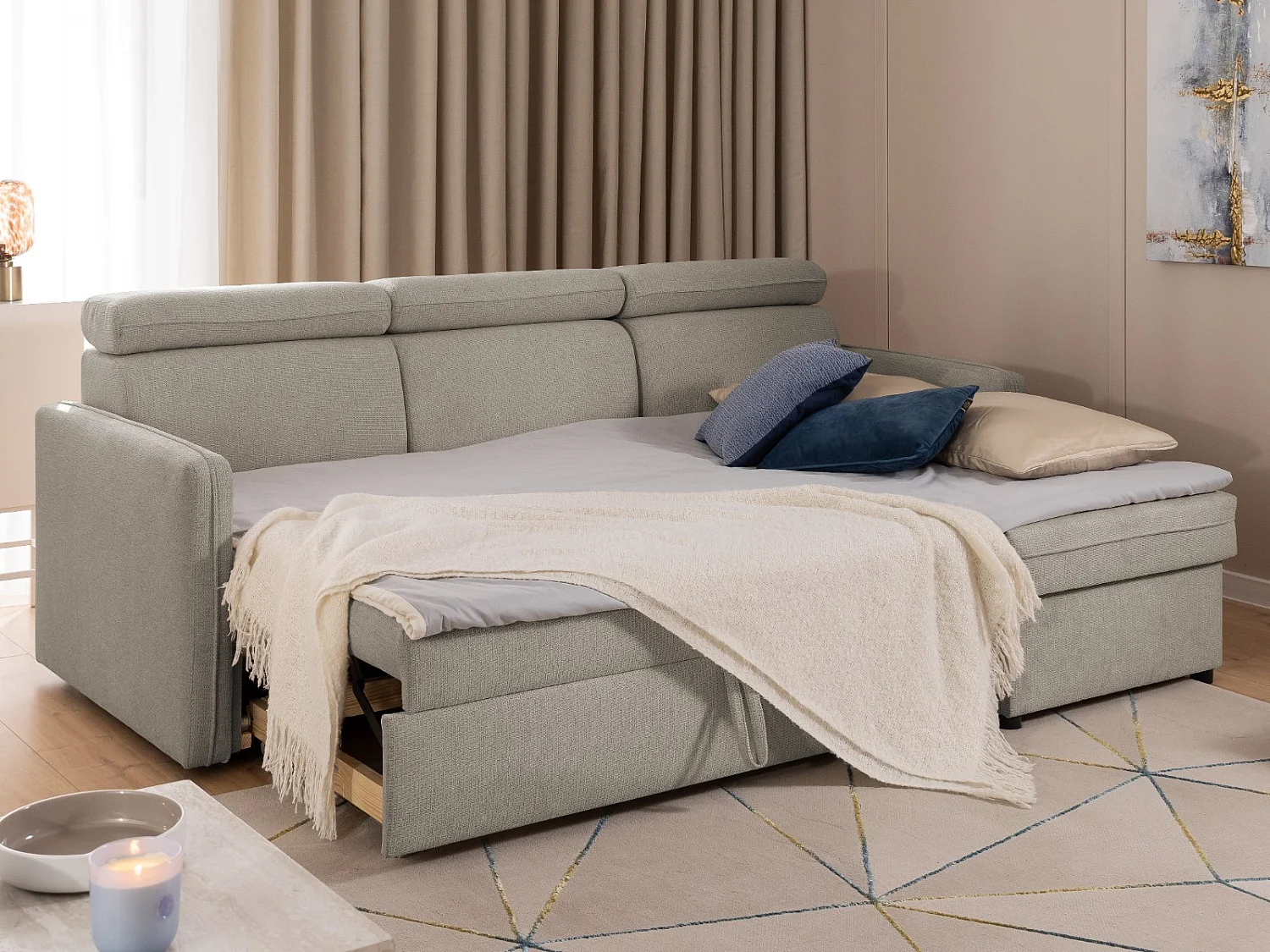 Canapé d’angle en tissu texturé avec appuie-têtes réglables, fonction couchage et coffre de rangement NIVO