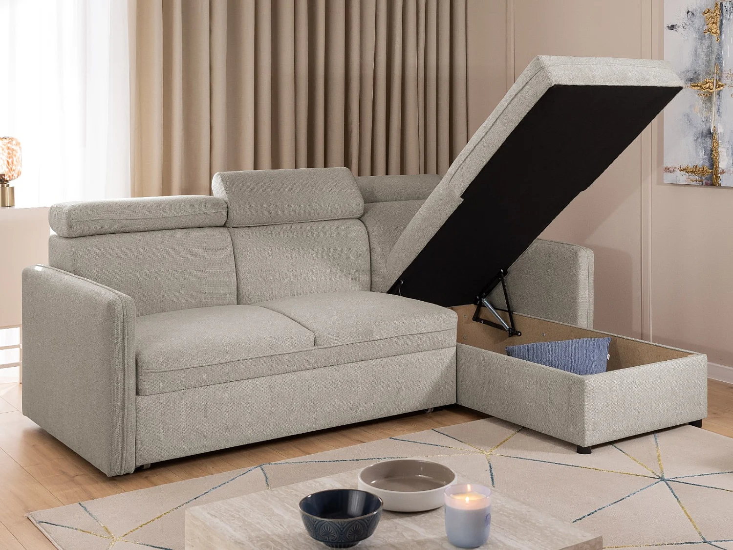 Canapé d’angle en tissu texturé avec appuie-têtes réglables, fonction couchage et coffre de rangement NIVO