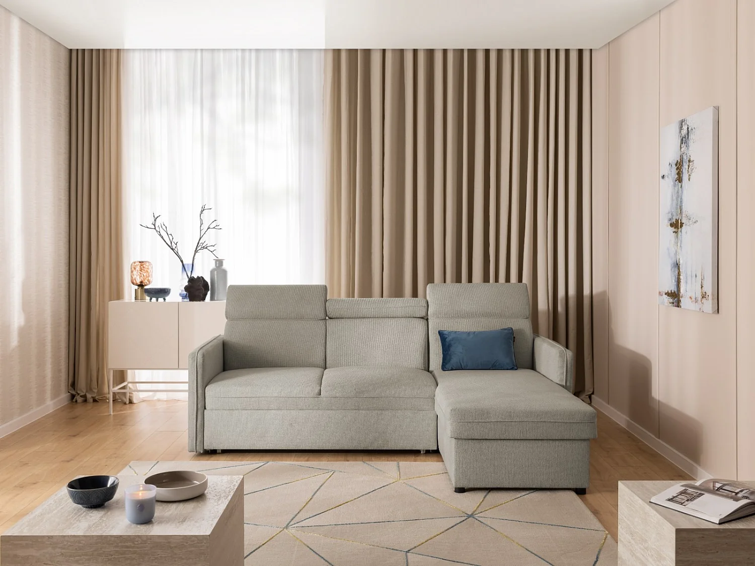 Canapé d’angle en tissu texturé avec appuie-têtes réglables, fonction couchage et coffre de rangement NIVO