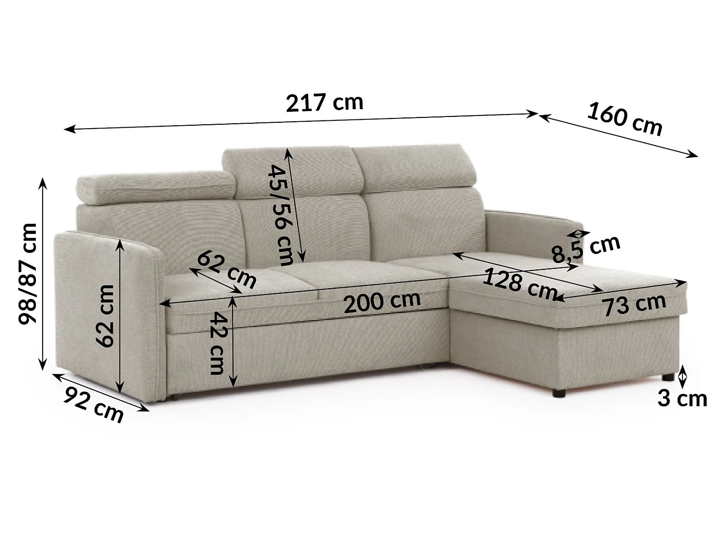 Canapé d’angle en tissu texturé avec appuie-têtes réglables, fonction couchage et coffre de rangement NIVO