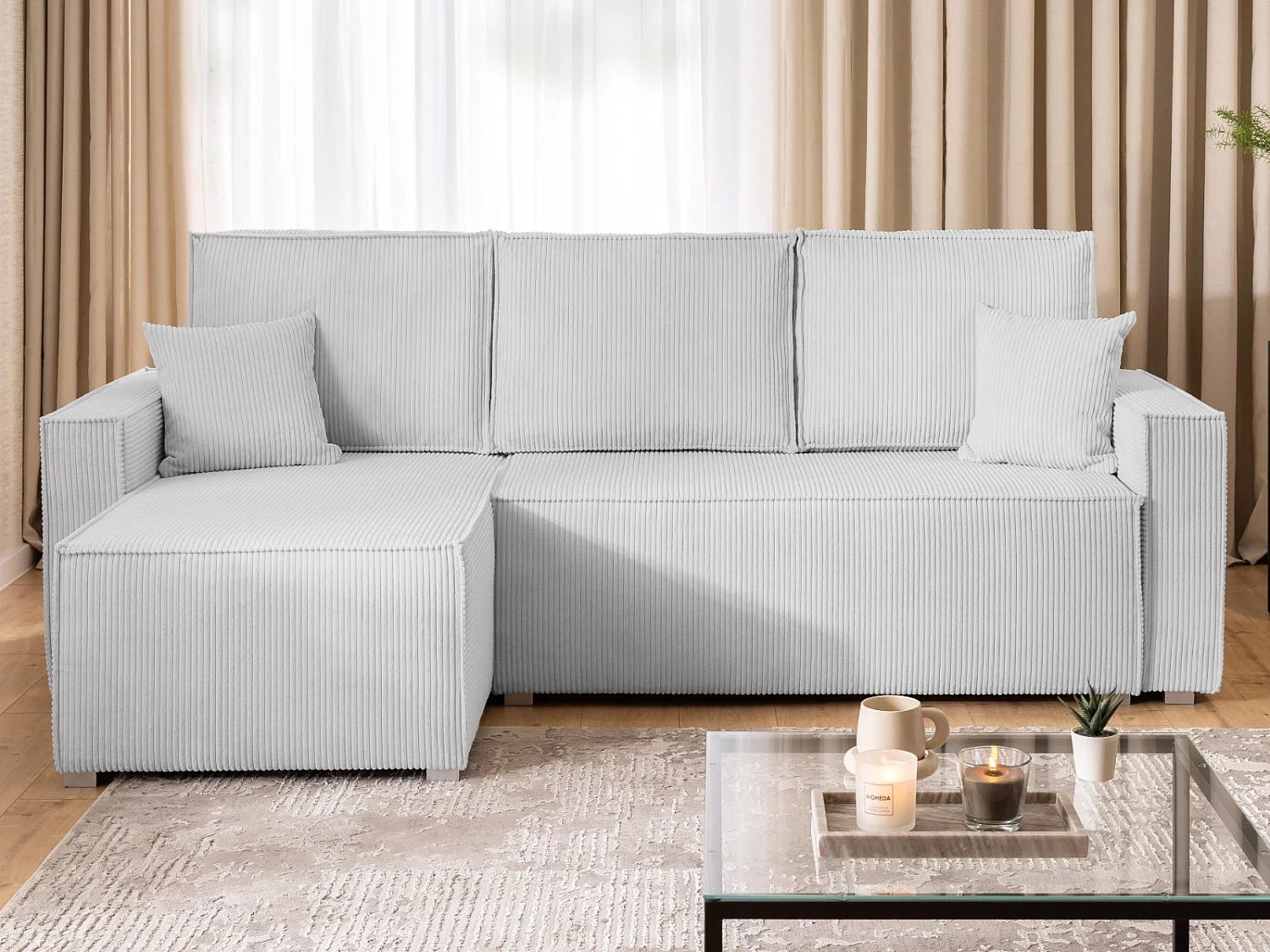 Canapé d’angle en tissu côtelé avec ressorts Bonnell, fonction couchage et coffre de rangement KORD