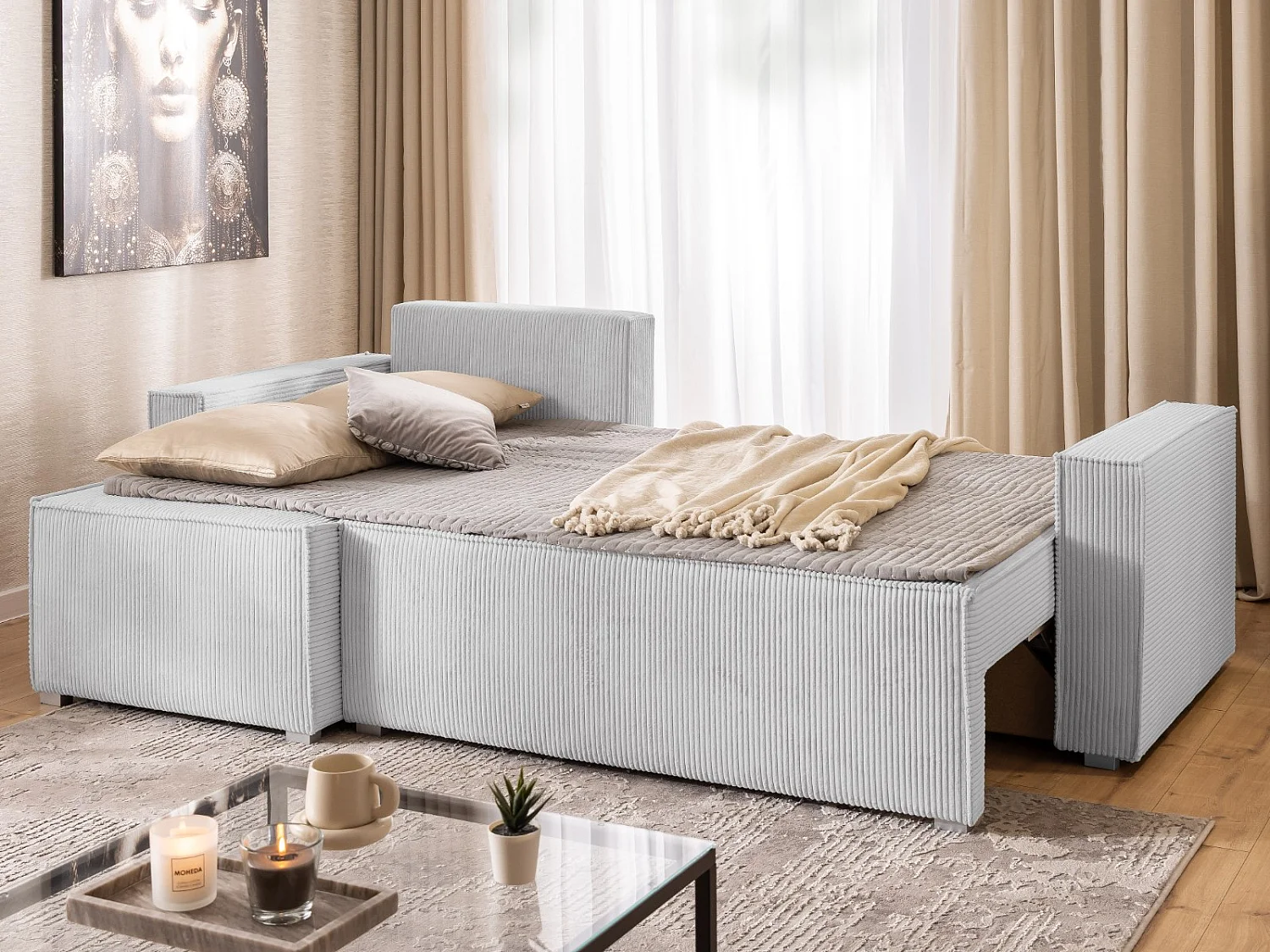 Canapé d’angle en tissu côtelé avec ressorts Bonnell, fonction couchage et coffre de rangement KORD
