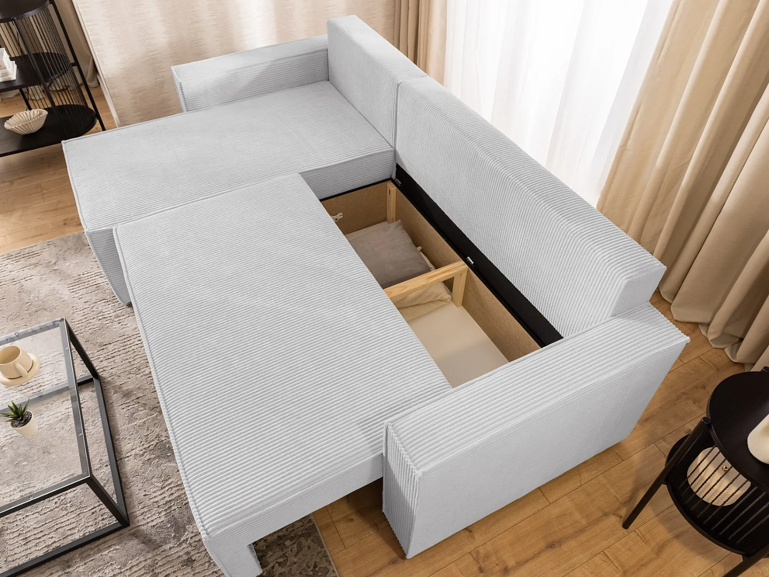 Canapé d’angle en tissu côtelé avec ressorts Bonnell, fonction couchage et coffre de rangement KORD