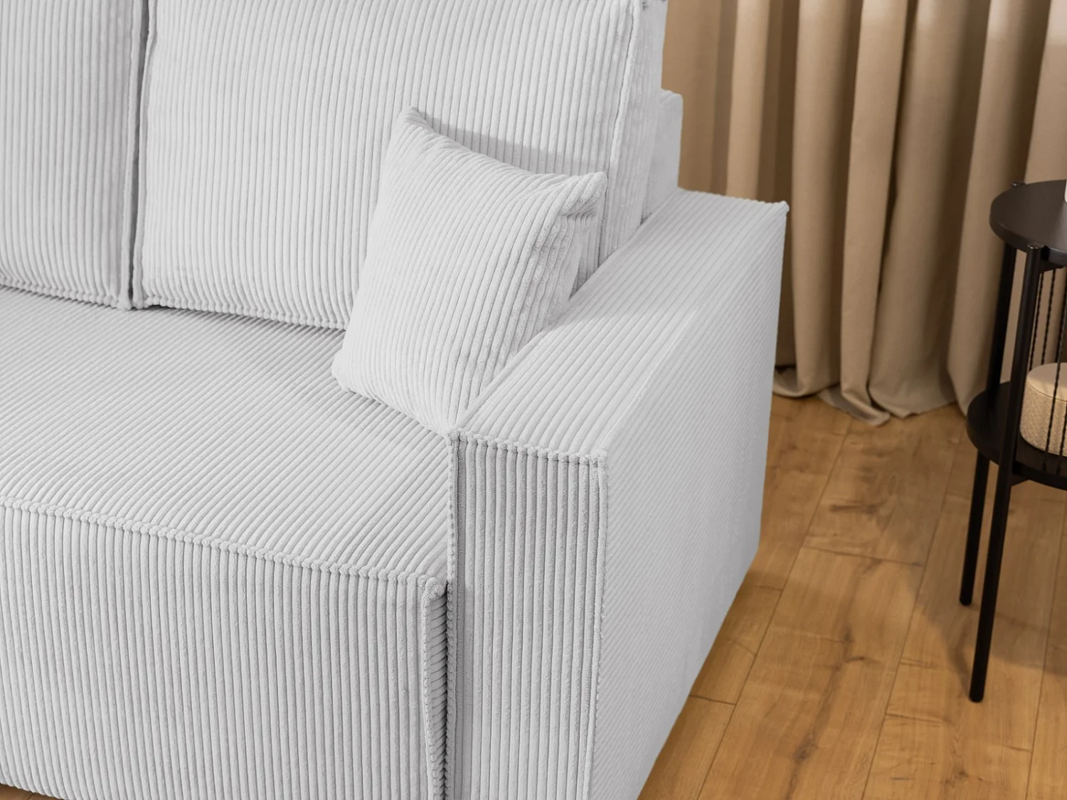 Canapé d’angle en tissu côtelé avec ressorts Bonnell, fonction couchage et coffre de rangement KORD