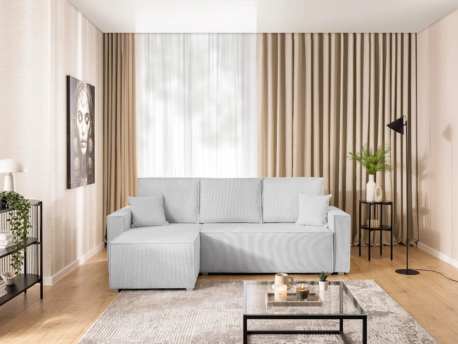Canapé d’angle en tissu côtelé avec ressorts Bonnell, fonction couchage et coffre de rangement KORD