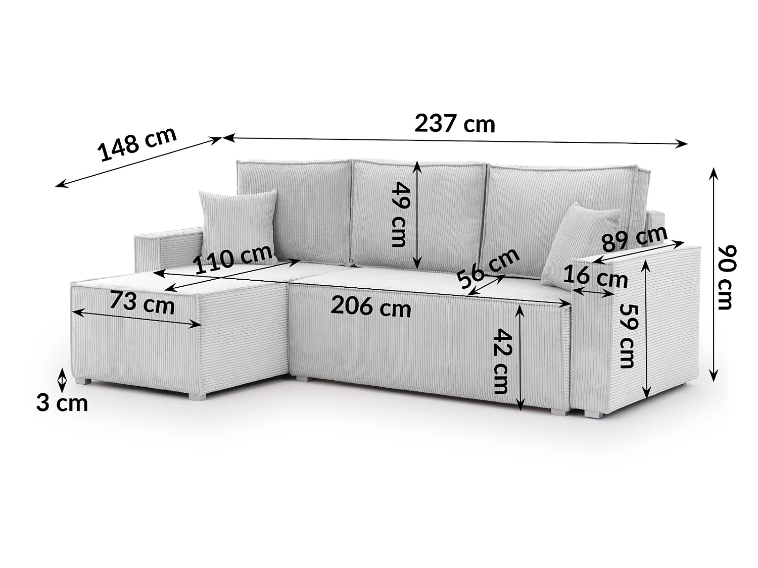 Canapé d’angle en tissu côtelé avec ressorts Bonnell, fonction couchage et coffre de rangement KORD