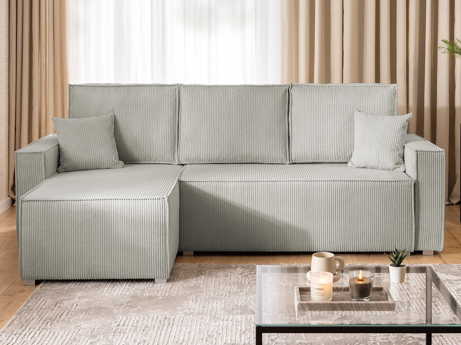 Canapé d’angle en tissu côtelé avec ressorts Bonnell, fonction couchage et coffre de rangement KORD