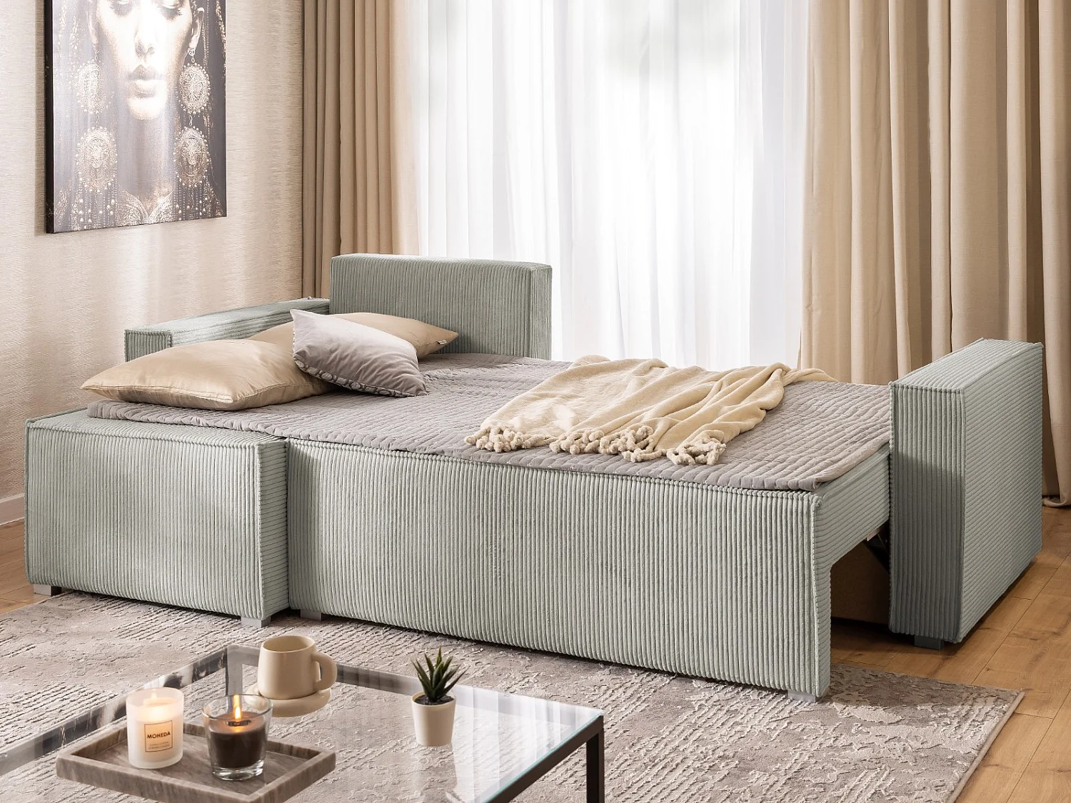 Canapé d’angle en tissu côtelé avec ressorts Bonnell, fonction couchage et coffre de rangement KORD