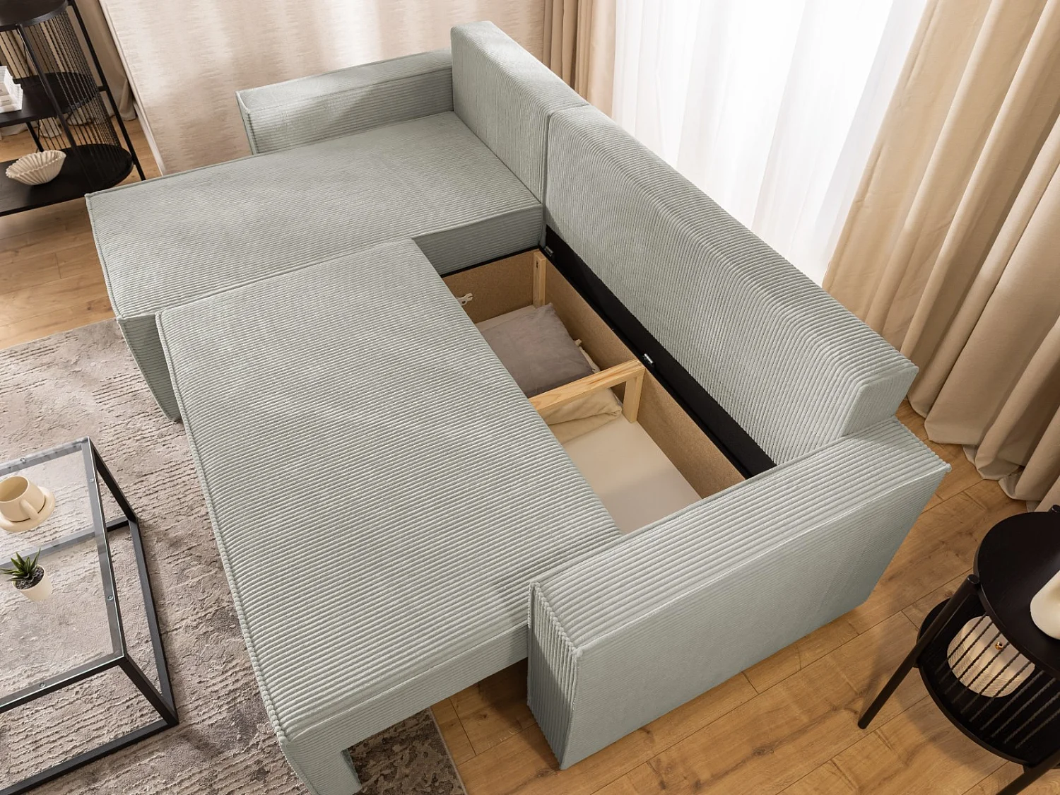 Canapé d’angle en tissu côtelé avec ressorts Bonnell, fonction couchage et coffre de rangement KORD