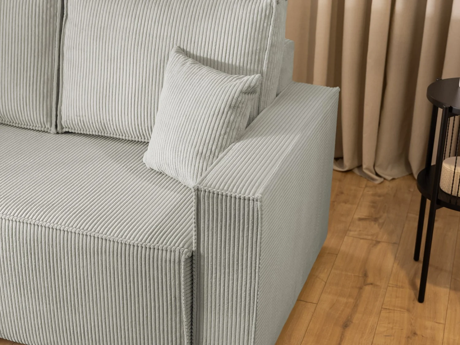 Canapé d’angle en tissu côtelé avec ressorts Bonnell, fonction couchage et coffre de rangement KORD